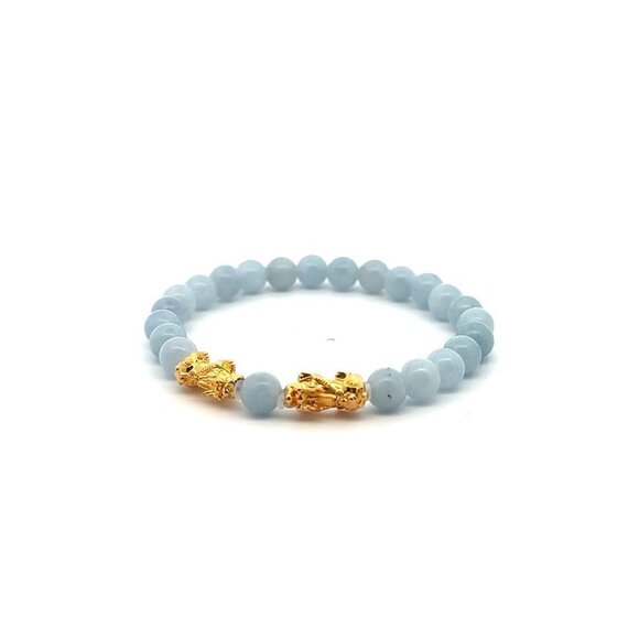 18K Gold Dragon Pixiu Double Piyao Charm Bracelet Gemstone March Birthstones 6mm - Picture 8 of 8